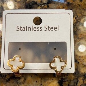 Gold and White Stainless Steel Clover Earrings